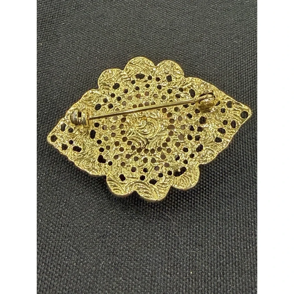 Vintage 1928 Pink Porcelain Pink Rose Flower Filigree Oval Brooch Gold tone